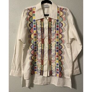 Vtg 70s Hairston Roberson Button up Shirt Medium Embroidered Camisa Made In USA